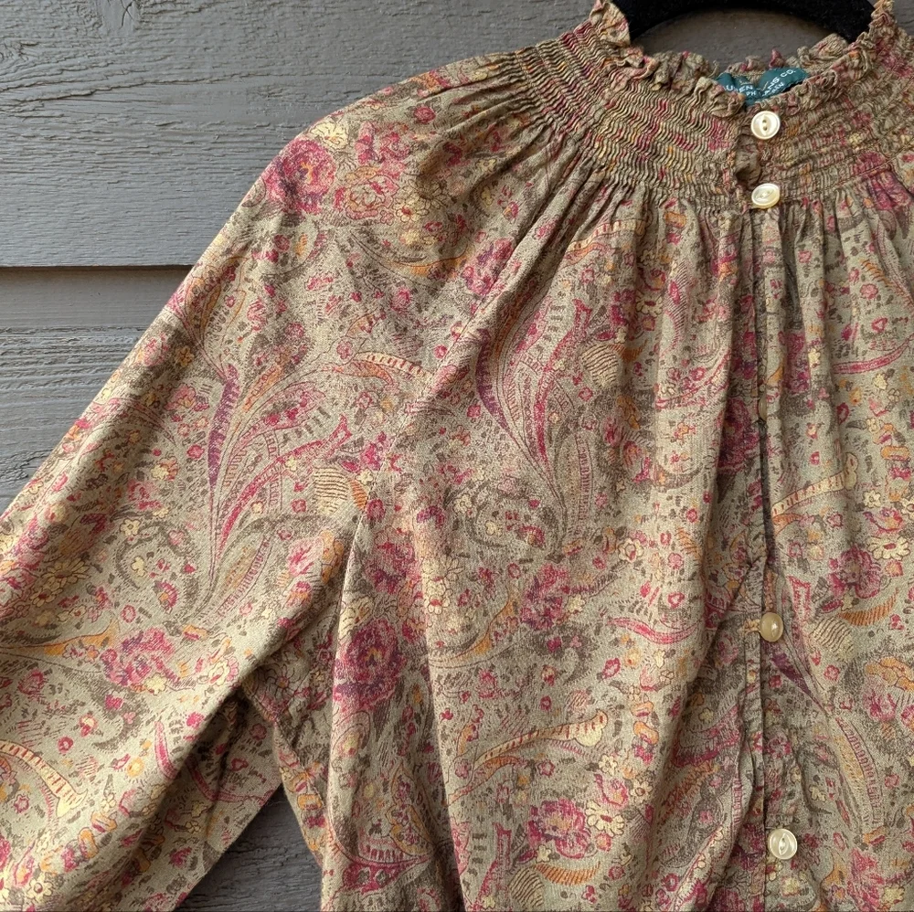 Lauren Jeans Ralph Lauren Button Up Mock Neck Long Sleeve Victorian Blouse Large